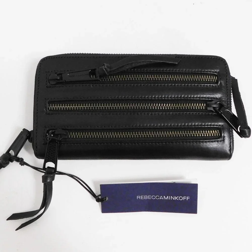 New Rebecca‎ MinkoffBlack Leather Three Zip Around Large Clutch Wallet
